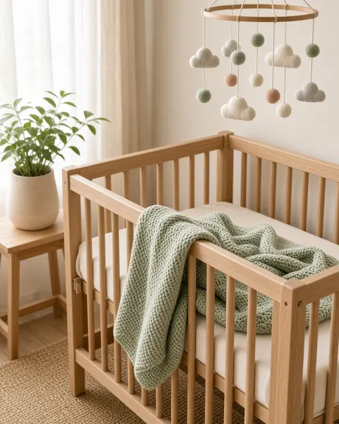 A wooden cot with a knitted blanket and a mobile