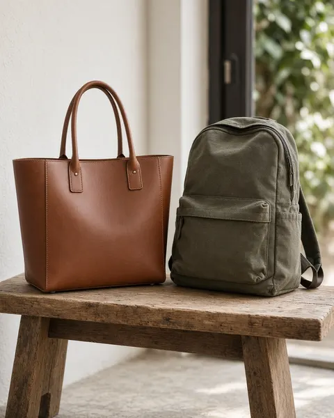 A leather tote and a canvas backpack