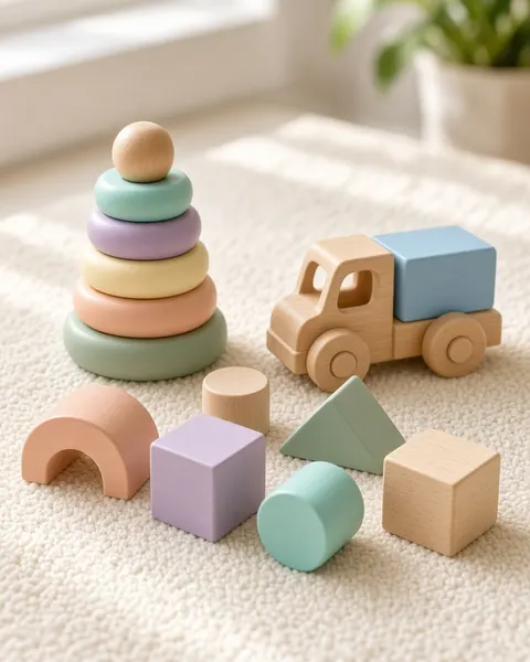 Wooden stacking toys and a toy truck