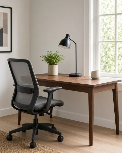 A walnut desk, mesh chair and desk lamp