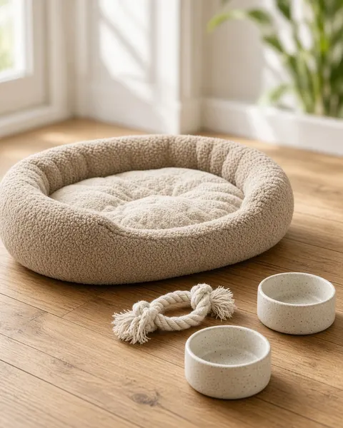 A pet bed, bowls and a rope toy